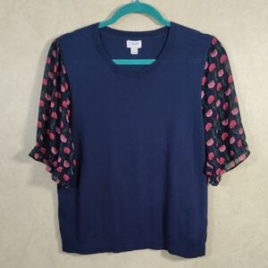 03140 J. Crew navy cotton sweater w/sheer floral short sleeves L